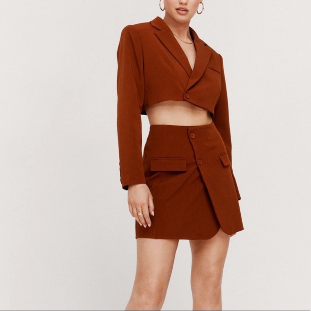 Nasty Gal brown cropped blazer and mini skirt set